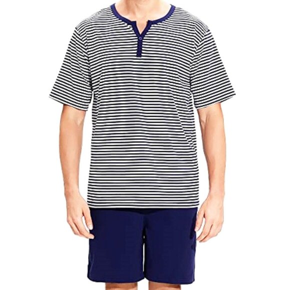 Mens Navy & White Striped Pajama Set With Henley Shirt & Shorts XXL - Picture 1 of 2